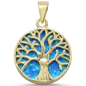 yellow gold plated & round blue opal tree of life